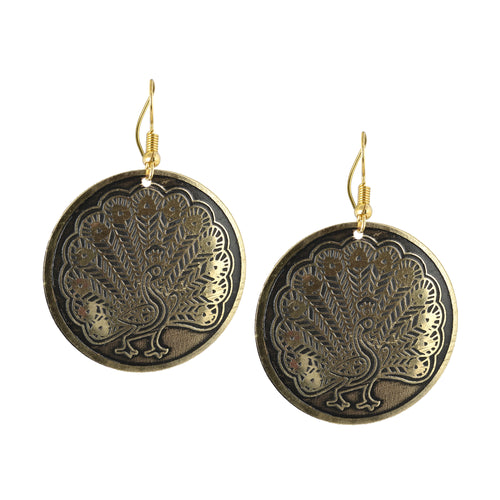 Circular Etched Peacock Metal Earrings