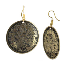Load image into Gallery viewer, Circular Etched Peacock Metal Earrings