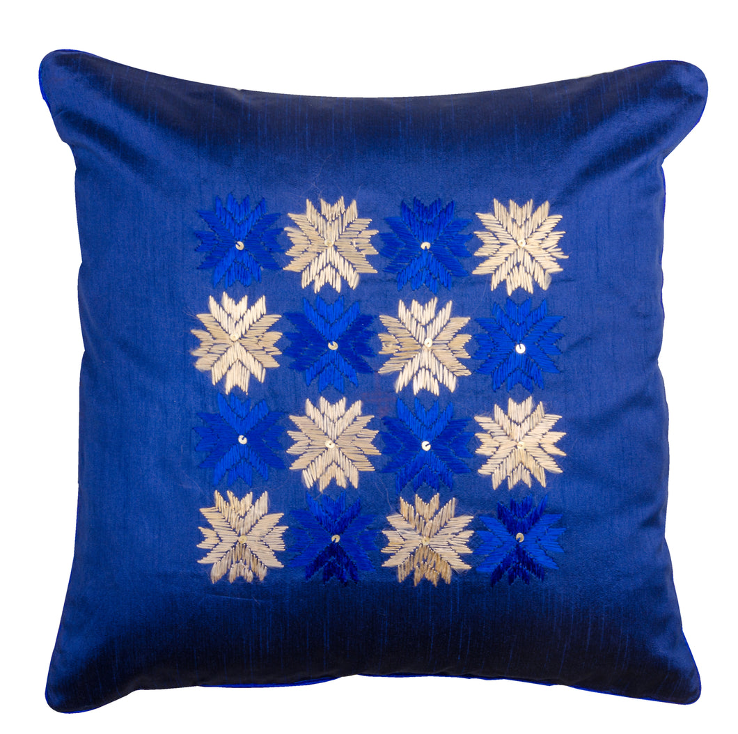 Phulkari Blue &  Ivory Throw Pillow Cover 16x16