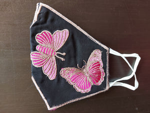 Butterfly Embroidered Black Cotton Face Mask