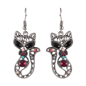 Cat Dangle Boho Earrings - Silver Beaded
