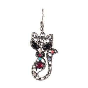 Cat Dangle Boho Earrings - Silver Beaded