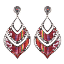 Load image into Gallery viewer, Red Boho Beaded Fabric Inlaid Earrings