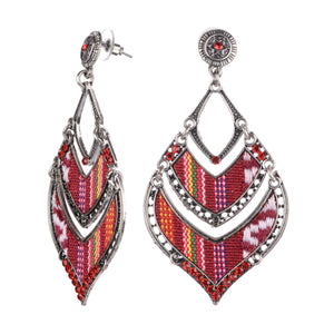 Red Boho Beaded Fabric Inlaid Earrings