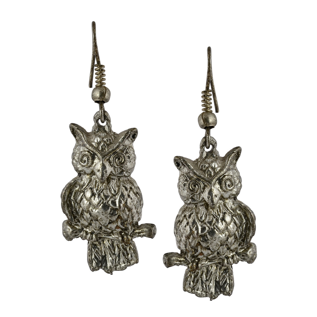 Boho Silver Owl Dangle Earrings