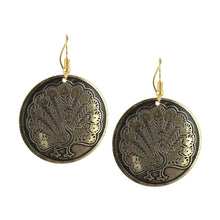 Load image into Gallery viewer, Circular Etched Peacock Metal Earrings