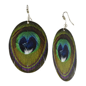 Oval Peacock Feather Drop Boho Earrings
