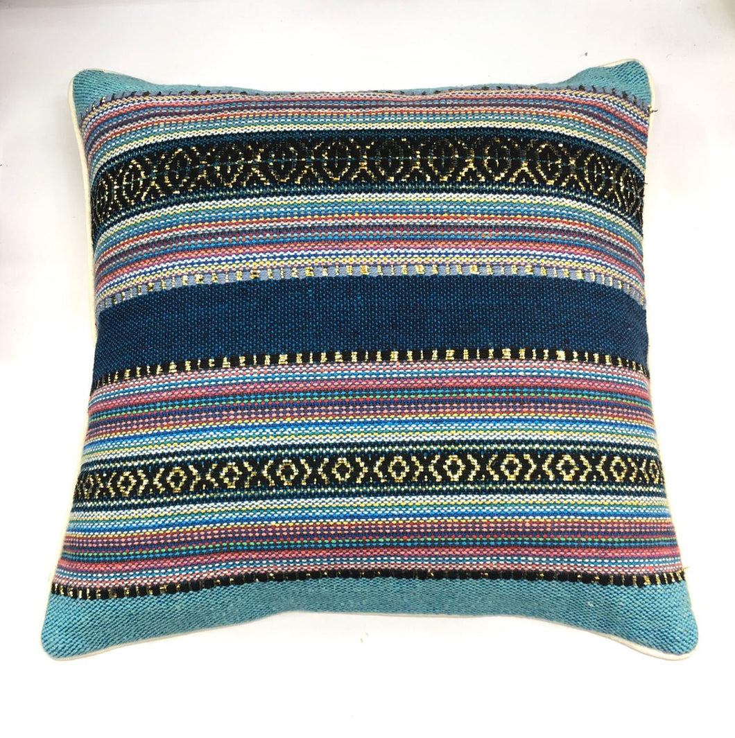 Blue Multicolor Striped Woven Throw Pillow Cover 16x16